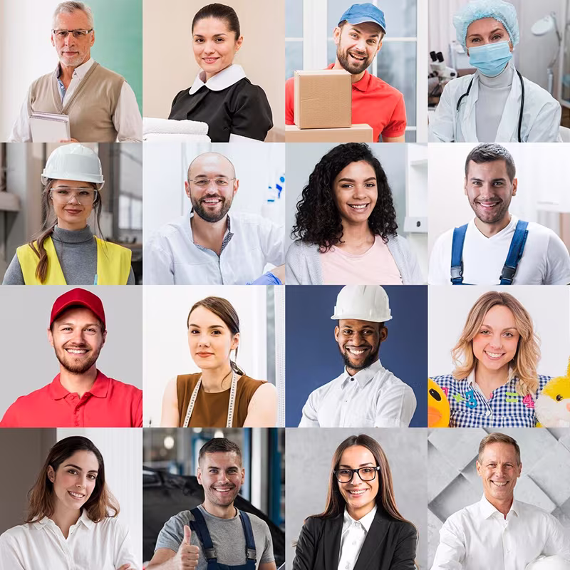 Un collage que muestran diversos individuos en diferentes profesiones